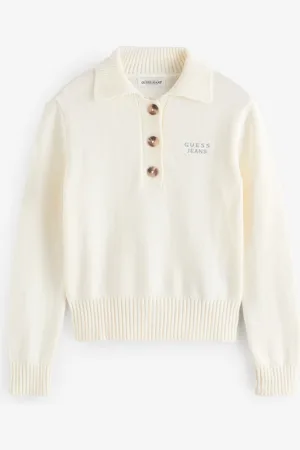 Guess Cream 100% Cotton Long Sleeve Knitted Button Polo Callar Jumper XL