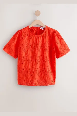 Next Red Textured Floral Cornelli Embroidered Short Sleeve 100% Cotton Blouse AU 26