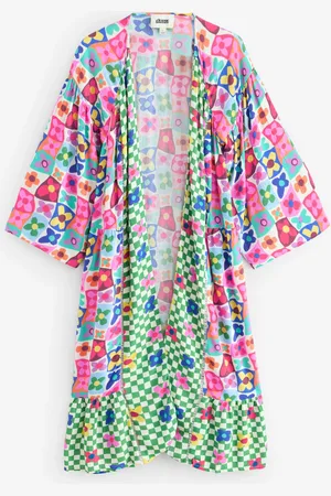 Eleanor Bowmer Green/White Flower Check Long Kimono XS