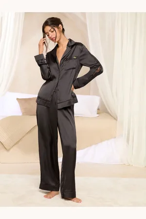 Lipsy London Black Satin Long Sleeve Pyjamas Set with Lace Details L