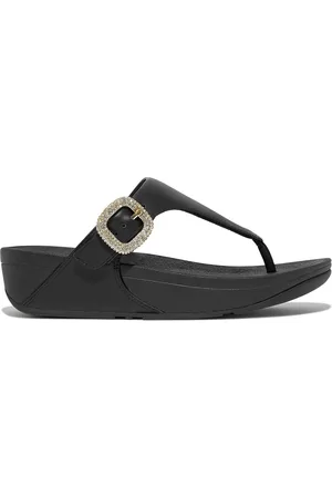 FitFlop Lulu Crystal-Buckle Leather Toe-Post Black Sandals AU 10 (EU 42)
