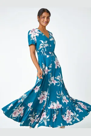Roman Floral Print Shirred Waist Maxi Dress AU 20
