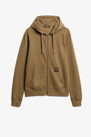 Superdry Washed Teak Brown 100% Cotton Contrast Stitch Zip Hoodie S