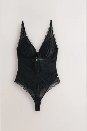 Lipsy London Black Lace Low Plunge Thong Bodysuit AU 8