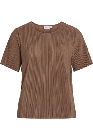 VILA Brown Short Sleeved Plisse Top