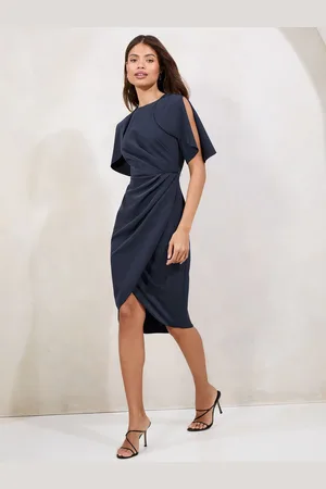 Lipsy London Cape Sleeve Gathered Side Midi Bodycon Dress AU 16