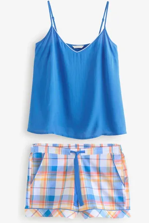 Cyberjammies Blue Solid Cami and Check Sleep Shorts AU 14