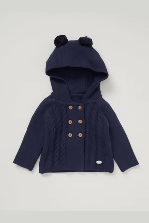 Rock-a-bye Baby Boutique Blue 100% Cotton Double Knit Hooded Cardigan with Poms Upto 3 Months (50