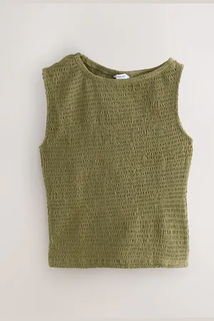 Next Khaki Green Shirred Asymmetric Sleeveless 100% Cotton Top 16