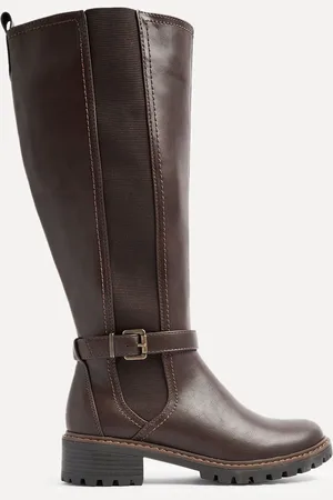 Linzi Brown Gilded High Leg Boots With Stretch Side Panel and Buckle Detail AU 7 (EU 38)