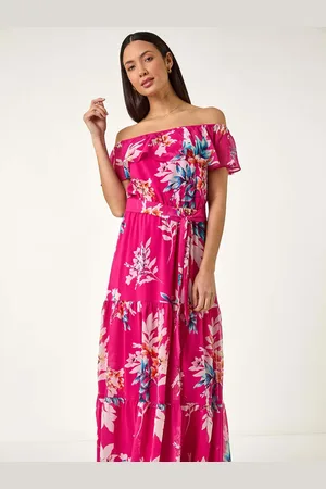 Roman Floral Bardot Belted Maxi Dress AU 18