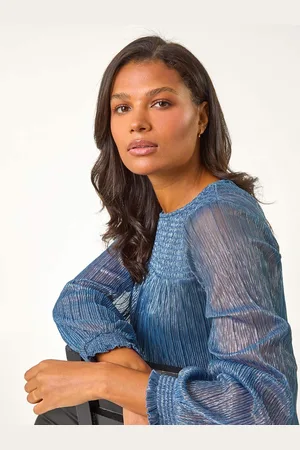 Roman Blue Shirred Yoke Metallic Plisse Top AU 12