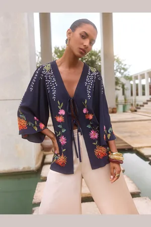 Love & Roses V & A I Navy Floral Embroidered Detail Kimono AU 14
