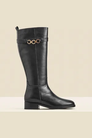 Sosandar Black Leather Flat Knee High Boots With Metal Trim AU 5 (EU 36)