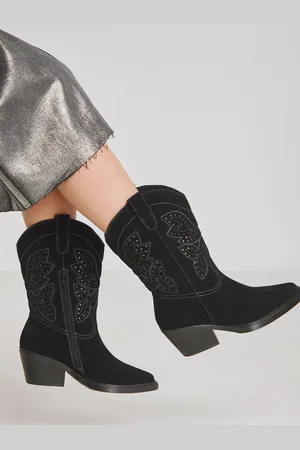 Simply Be Black Wide Fit Laser Pattern Mid Calf Western Boots AU 8 (EU 39)