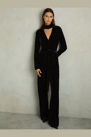 Reiss Black Vera Velvet Belted Wide Leg Jumpsuit AU 16