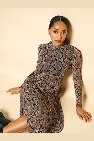 JDY Long Sleeve Snake Print Mesh Midi Dress AU 8