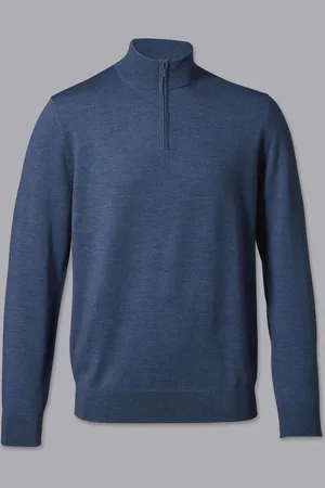 Charles Tyrwhitt Sky Blue Pure Merino Quarter Zip Jumper L