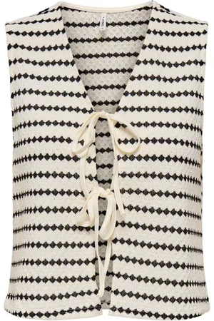 ONLY White Monochrome Stripe Crochet Tie Front Vest