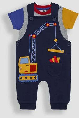 JoJo Maman Bébé Navy Crane 2-Piece Appliqué Dungarees & T-Shirt Set 12