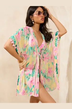 Lipsy London Yellow Floral Short Kimono Lace Insert Mini Kimono XL