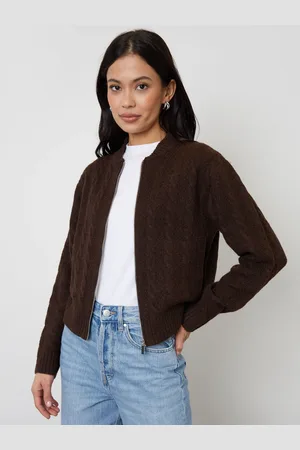 Threadbare Chocolate Brown Zip-Up Cable Knit Bomber Jacket AU 16