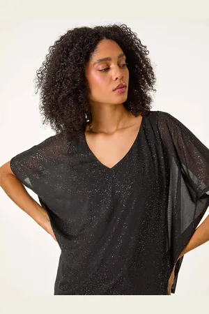 Roman Black Glitter Mesh Overlay Tunic Stretch Top AU 10