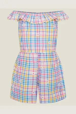 Accessorize Black Floral Embroidered Check Bardot Girls Playsuit 7