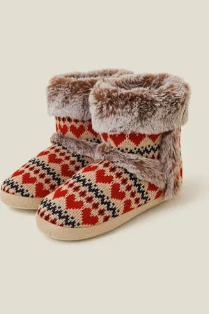 Accessorize Cream/Red Fairisle Pattern Faux Fur Boots Slippers S