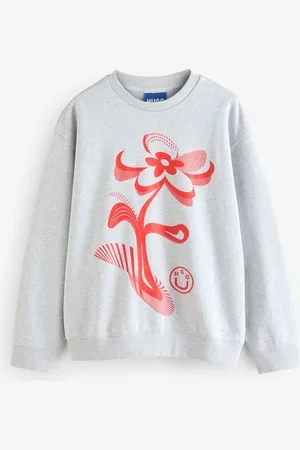 HUGO BOSS Grey Floral Graphic Oversized Jersey Sweatshirt S
