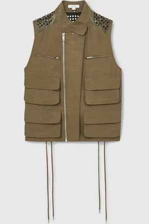 Reiss Khaki Grace Cargo-Pocket Laser-Cut Gilet With Linen XS