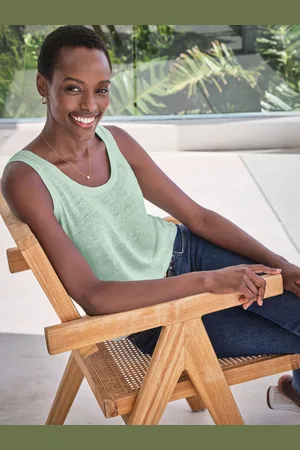 Pure Collection Green Luxury 100% Linen Vest with Coverstitch Detail & Shaped Hemline 14
