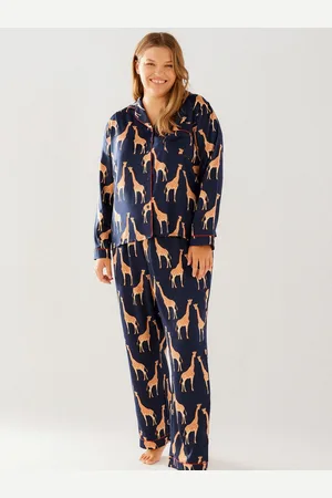 Chelsea Peers Blue Curve Satin Giraffe Print Long Pyjama Set AU 26