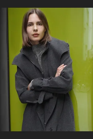Religion Grey Limit Wool Mix Belted Coat With Zip up Funnel Collar and Draped Second Layer AU 16