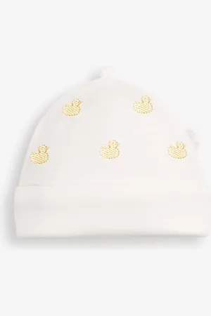 JoJo Maman Bébé White 100% Organic Cotton Duck Embroidered Baby Hat Tiny Baby