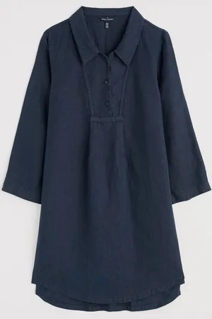 Seasalt Cornwall Dark Blue Tide Clock 3/4 Sleeve 100% Linen Tunic AU 22