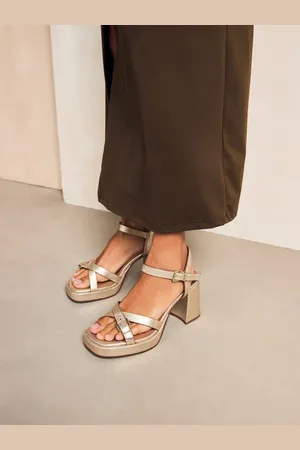 Next Gold Forever Comfort Leather Square Toe Strappy Buckle Detail Platform Block Heels AU 10 (EU 42)