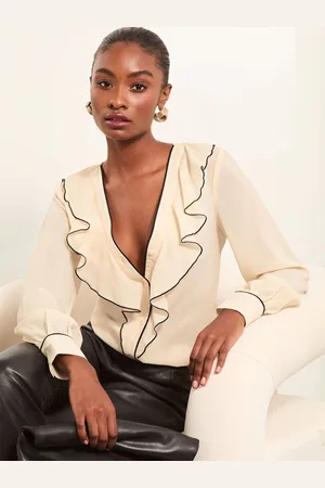Lipsy London Ivory Tipped V-Neck Ruffle Long Sleeve Blouse AU 18