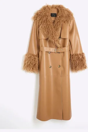 River Island Brown Faux Fur Collar Trench Coat M