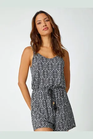 Roman Black Patterned Print Stretch Jersey Playsuit AU 10
