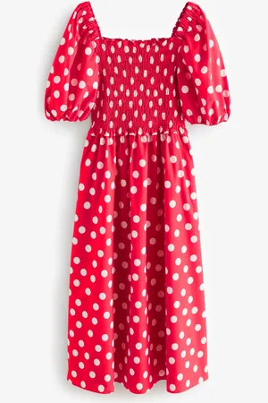 Baukjen Alicia Smock Midi 100% Cotton Dress Crimson Polka AU 16