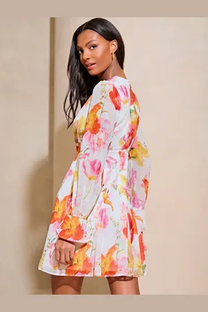 Lipsy London Floral Long Sleeve Round Neck Mini Dress AU 12