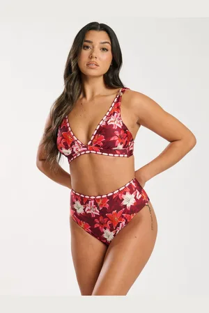 South Beach Red Printed Embroidery Detail High Waist Tummy Control Bikini Set AU 10