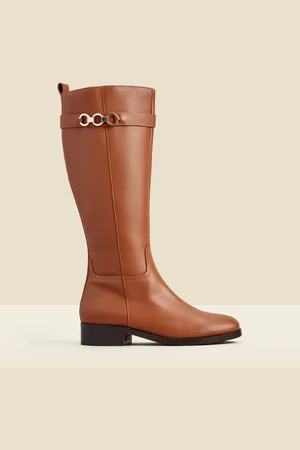 Sosandar Brown Leather Flat Knee High Boots With Metal Trim AU 6 (EU 37)