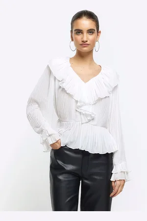 River Island White Long Sleeve Pleated Blouse 10
