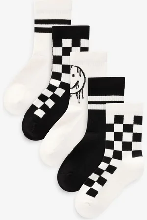 Next White/Black Checkerboard Cushioned Footbed Cotton Rich Ribbed Tipped Socks 5 Pack 3-5.5 Jnr