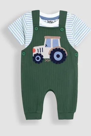 JoJo Maman Bébé Khaki Tractor 2-Piece Appliqué Dungarees & T-Shirt Set Upto 3 Months (50