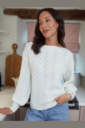 Threadbare Cream Pointelle Knit Slash Neck Jumper AU 16