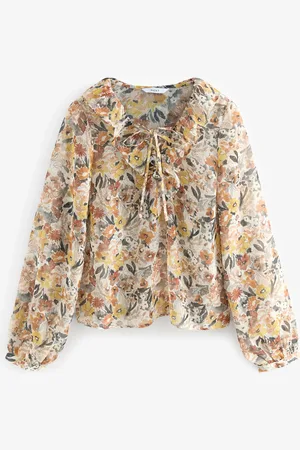 Next Floral Print Sheer Ruffle Trim Tie Neck Blouse AU 10
