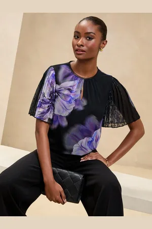 Lipsy London Black/Purple Printed Chiffon Angel Sleeve Blouse AU 10